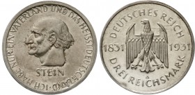 Weimarer Republik, Gedenkmünzen, 3 Reichsmark Stein Reichsfreiherr
1931 A. Polierte Platte, Vs. berieben