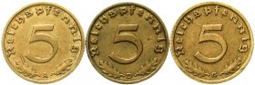 Drittes Reich, Klein/- und Kursmünzen, 5 Reichspfennig, messingf. 1936-1939
3 Stück: 1936 A,D,G. sehr schön, teils selten