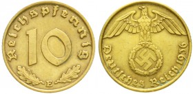 Drittes Reich, Klein/- und Kursmünzen, 10 Reichspfennig Hakenkr., messingf. 1936-1939
1936 E. sehr schön/vorzüglich, etw. Grünspan, selten