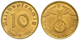 Drittes Reich, Klein/- und Kursmünzen, 10 Reichspfennig Hakenkr., messingf. 1936-1939
1936 E. sehr schön/vorzüglich