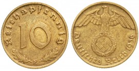 Drittes Reich, Klein/- und Kursmünzen, 10 Reichspfennig Hakenkr., messingf. 1936-1939
1936 E. sehr schön, selten