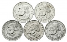 Drittes Reich, Gedenkmünzen, 2 Reichsmark Luther 1933-1934
5 Stück: 1933 A,E,F,G,J. meist vorzüglich/Stempelglanz