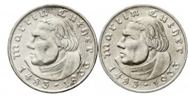 Drittes Reich, Gedenkmünzen, 2 Reichsmark Luther 1933-1934
2 Stück: 1933 E und F. beide vorzüglich/Stempelglanz