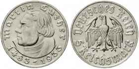 Drittes Reich, Gedenkmünzen, 5 Reichsmark Luther, 1933-1934
1933 A. fast Stempelglanz, Prachtexemplar