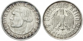 Drittes Reich, Gedenkmünzen, 5 Reichsmark Luther, 1933-1934
1933 D. fast Stempelglanz, herrliche Patina