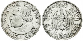 Drittes Reich, Gedenkmünzen, 5 Reichsmark Luther, 1933-1934
1933 E. vorzüglich/Stempelglanz, kl. Kratzer und Randfehler