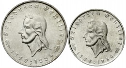Drittes Reich, Gedenkmünzen, 5 Reichsmark Schiller 1934
2 und 5 Mark 1934 F. beide prägefrisch