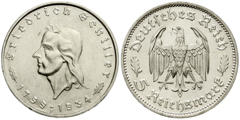 Drittes Reich, Gedenkmünzen, 5 Reichsmark Schiller 1934
1934 F. fast Stempelgla...