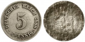 Proben, Verprägungen und Besonderheiten, Kaiserreich, Reichskleinmünzen
5 Pfennig 1888 auf defektem (zu dünnem) Schrötling, daher nur einseitig ausge...