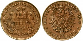 Proben, Verprägungen und Besonderheiten, Kaiserreich, Hamburg
2 Mark Kupfer 1876 J, wie J. 61. 9,67 g.
fast Stempelglanz, schöne schokoladenbraune P...