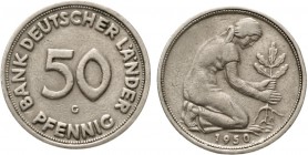 Münzen der Bundesrepublik Deutschland, Kursmünzen, 50 Pfennig, Kupfer/Nickel 1949-2001
1950 G. Bank Deutscher Länder.
sehr schön, kl. Randfehler