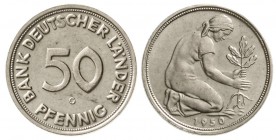Münzen der Bundesrepublik Deutschland, Kursmünzen, 50 Pfennig, Kupfer/Nickel 1949-2001
1950 G Bank Deutscher Länder.
vorzüglich/Stempelglanz