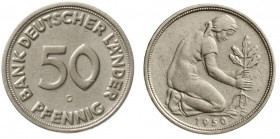 Münzen der Bundesrepublik Deutschland, Kursmünzen, 50 Pfennig, Kupfer/Nickel 1949-2001
1950 G. Bank Deutscher Länder.
sehr schön