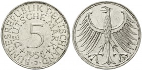 Münzen der Bundesrepublik Deutschland, Kursmünzen, 5 Deutsche Mark Silber 1951-1974
1958 J. gutes sehr schön, kl. Randfehler