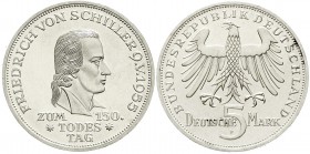 Münzen der Bundesrepublik Deutschland, Gedenkmünzen, 5 Deutsche Mark, Silber, 1952-1979
Schiller 1955 F. vorzüglich/Stempelglanz, min. berieben