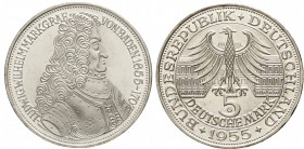Münzen der Bundesrepublik Deutschland, Gedenkmünzen, 5 Deutsche Mark, Silber, 1952-1979
Markgraf von Baden 1955 G. fast Stempelglanz
