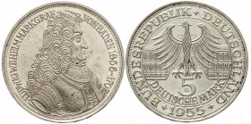 Münzen der Bundesrepublik Deutschland, Gedenkmünzen, 5 Deutsche Mark, Silber, 1952-1979
Markgraf von Baden 1955 G. sehr schön/vorzüglich, kl. Kratzer...