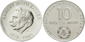 Gedenkmünzen der DDR
10 Mark 1975, Schweitzer-Materialprobe mit Rs. von Cu/Ni/Zn-Typ Warschauer Vertrag in AG 0,500.
Stempelglanz