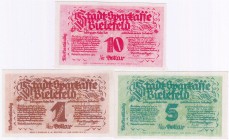 Banknoten, Deutsches Notgeld und KGL, Bielefeld, Notgeld besonderer Art
3 Scheine, 1, 5 und 10 Goldpfennig. Leinen weiß.
I-