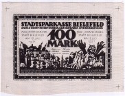Banknoten, Deutsches Notgeld und KGL, Bielefeld, Notgeld besonderer Art
Probedruck 100 Mark 15.7.1921. auf dickem gemusterten Handtuch-Leinen. Breitr...