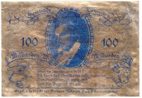 Banknoten, Deutsches Notgeld und KGL, Teningen
100 Milliarden Mark Aluminium 1.11. 1923. Schiller. Goldfarben, Textdruck beids, dunkelblau. Mit KN.
...