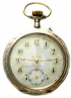 Varia, Uhren, Taschenuhren
Herren-Taschenuhr "open face" um 1900. Silber 800. Hersteller "F.J.". Zylinderhemmung, 10 Steine. Zifferblatt mit goldumra...