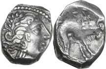 Celtic World. Southern Gaul, Insubres. AR Drachm, imitating Massalia. 2nd century BC. Obv. Head of nymph right. Rev. Lion right; pseudo-legend above. ...