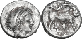 Greek Italy. Central and Southern Campania, Neapolis. AR Didrachm, 320-300 BC. Obv. Head of nymph right, wearing taenia. Rev. Man-headed bull advancin...