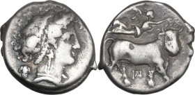 Greek Italy. Central and Southern Campania, Neapolis. AR Didrachm, 320-300 BC. Obv. Head of nymph right; behind, bunch of grapes. Rev. Man-headed bull...