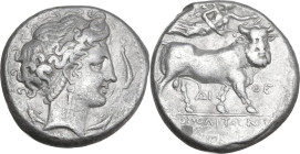 Greek Italy. Central and Southern Campania, Neapolis. AR Didrachm, c. 300 BC. Obv. Head of nymph right, wearing taenia; surrounded by four dolphins. R...