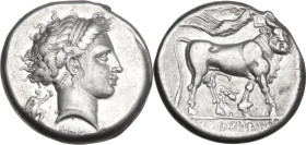 Greek Italy. Central and Southern Campania, Neapolis. AR Didrachm, c. 300-275 BC. Obv. Head of nymph right; behind neck, Artemis holding two torches r...