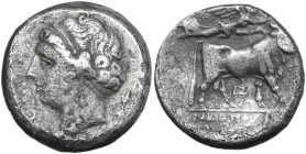 Greek Italy. Central and Southern Campania, Neapolis. AR Didrachm, c. 275-250 BC. Obv. Diademed head of nymph left, wearing triple-pendant earring and...