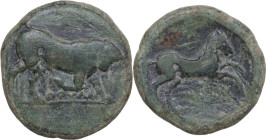 Greek Italy. Northern Apulia, Arpi. AE 21 mm. c. 275-250 BC. Obv. Bull charging right; below, ΠΟΥΛΛΙ. Rev. APΠA/NOY. Horse rearing right. HGC 1 535; H...