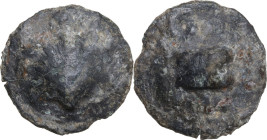 Greek Italy. Northern Apulia, Luceria. Light series. AE Cast Biunx, c. 217-212 BC. Obv. Scallop shell. Rev. Knucklebone; above, two pellets; below, L....