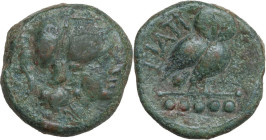 Greek Italy. Northern Apulia, Teate. AE Quincunx, c. 225-200 BC. Obv. Helmeted head of Athena right. Rev. Owl standing three-quarters to right on bar,...