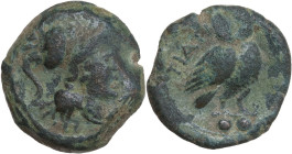 Greek Italy. Northern Apulia, Teate. AE Biunx, c. 225-200 BC. Obv. Head of Athena right, wearing crested Corinthian helmet. Rev. TIATI (on left). Owl ...