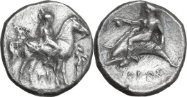 Greek Italy. Southern Apulia, Tarentum. AR Nomos, 380-340 BC. Obv. Horseman right; before, herm; below, letters. Rev. Phalanthos riding on dolphin lef...