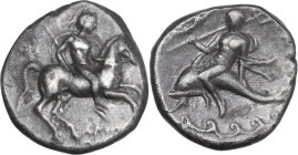 Greek Italy. Southern Apulia, Tarentum. AR Nomos, c. 340-332 BC. Obv. Warrior on horseback galloping right, holding spear and shield. Rev. Phalanthos ...