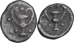 Greek Italy. Southern Apulia, Tarentum. AR Obol, c. 280-228 BC. Obv. Kantharos with pellets around. Rev. Kantharos; kerykeion to left, four pellets ar...