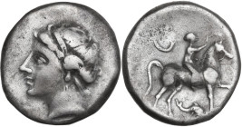 Greek Italy. Southern Apulia, 'Campano-Tarentine'. AR Nomos, 281-228 BC. Obv. Head of nymph left, hair bound with taenia. Rev. Horseman right, crownin...