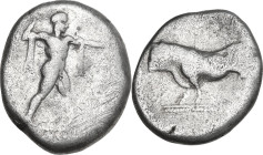 Greek Italy. Lucania, Poseidonia-Paestum. AR Stater, 445-420 BC. Obv. Poseidon striding right, brandishing trident, chlamys hanging from shoulders. Re...