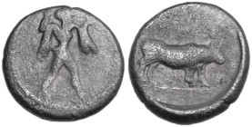 Greek Italy. Lucania, Poseidonia-Paestum. AR Diobol, 445-420 BC. Obv. Poseidon striding right, cloak hanging from shoulders, brandishing trident. Rev....