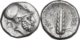 Greek Italy. Southern Lucania, Metapontum. AR Stater, 340-330 BC. Obv. Helmeted head of Leukippos right; behind, lion's head. Rev. Ear of barely; to l...