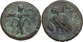 Greek Italy. Southern Lucania, Metapontum. AE 15 mm, 250-207 BC. Obv. Athena Promachos left. Rev. Owl standing left on stalk of grain, wings closed, h...