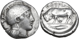 Greek Italy. Southern Lucania, Thurium. AR Stater, 443-400 BC. Obv. Head of Athena right, wearing helmet decorated with wreath. Rev. ΘΟΥΡΙΩΝ. Bull sta...