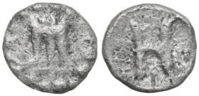 Greek Italy. Bruttium, Kroton. AR Hemiobol, 370-350 BC. Obv. Tripod. Rev. H. HN Italy 2188; HGC 1 1496. AR. 0.18 g. 6.00 mm. Lightly porous. About VF/...