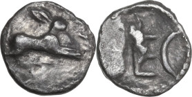 Greek Italy. Bruttium, Rhegion. Anaxilas Tyrant (c. 494/3-462/1 BC). AR Litra. Struck circa 480-462/1 BC. Obv. Hare springing right. Rev. Large REC wi...