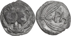 Greek Italy. Bruttium, Rhegion. AR Litra, 420-410 BC. Obv. Lion's head facing. Rev. PH. Olive spray. HN Italy 2495; HGC 1 1654. AR. 0.54 g. 9.50 mm. L...