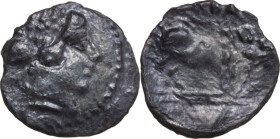 Sicily. Abakainon. AR Hemilitron, 425-420 BC. Obv. Head of nymph right, hair in sphendone. Rev. Sow standing right. HGC 2 26; SNG ANS 1292. AR. 0.19 g...