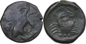 Sicily. Akragas. AE Tetras, 420-406 BC. Obv. Eagle on hare right; behind, crab. Rev. Crab; below three pellets and crayfish. CNS I 50. AE. 9.73 g. 21....
